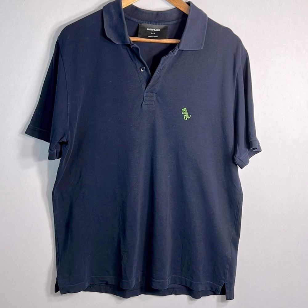 Jared Lang Embroidered T-Rex Skeleton Polo - Navy size L